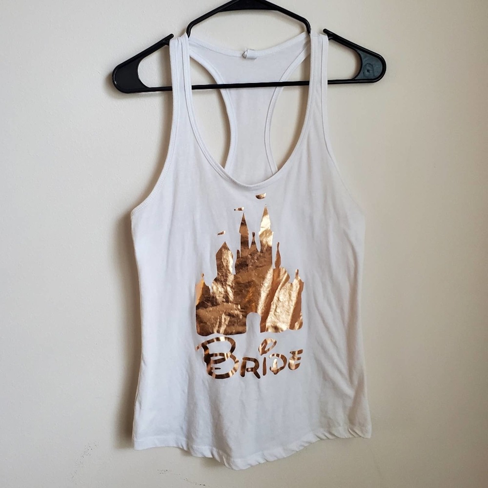 Disney Bride Tank Top White Gold Metallic Cinderella Castle Wedding Bachelorette